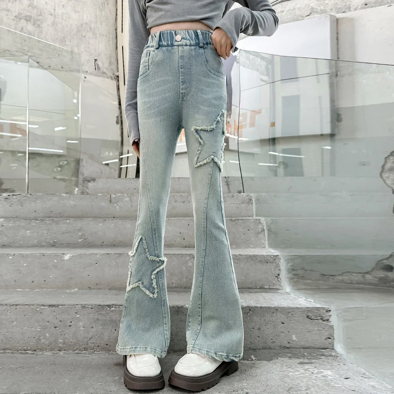 

Fashionable Spring Denim Wide Leg Pants for Girls Star Print Flared Trousers Casual Style Mid-Term Seasonal Deep Light Colors