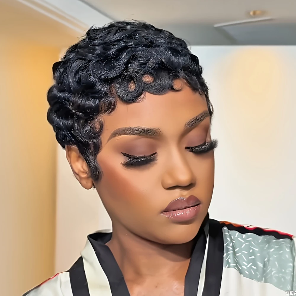 150% Density 6 Inch Pixie Cut Curly Wave Wig Short Human Hair Wigs For Women Full Machine Made Wig