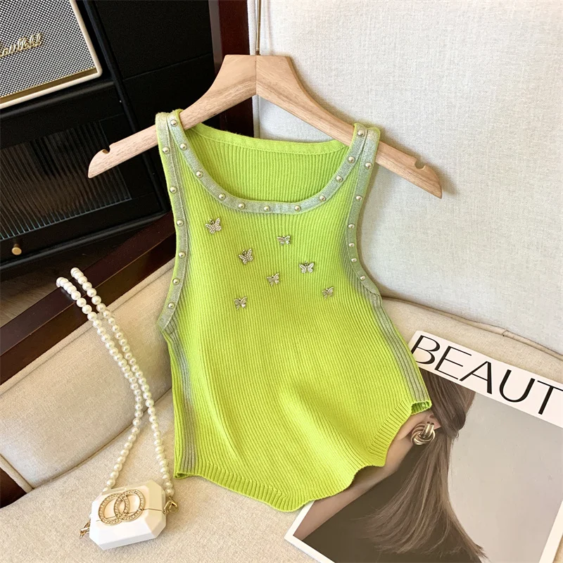 Stylish Slim Knit Sweater Vests Women 2024 Summer Sexy Streetwear Fashion Chic Butterfly Rivets Crop Tops Sleeveless Ladies Tees