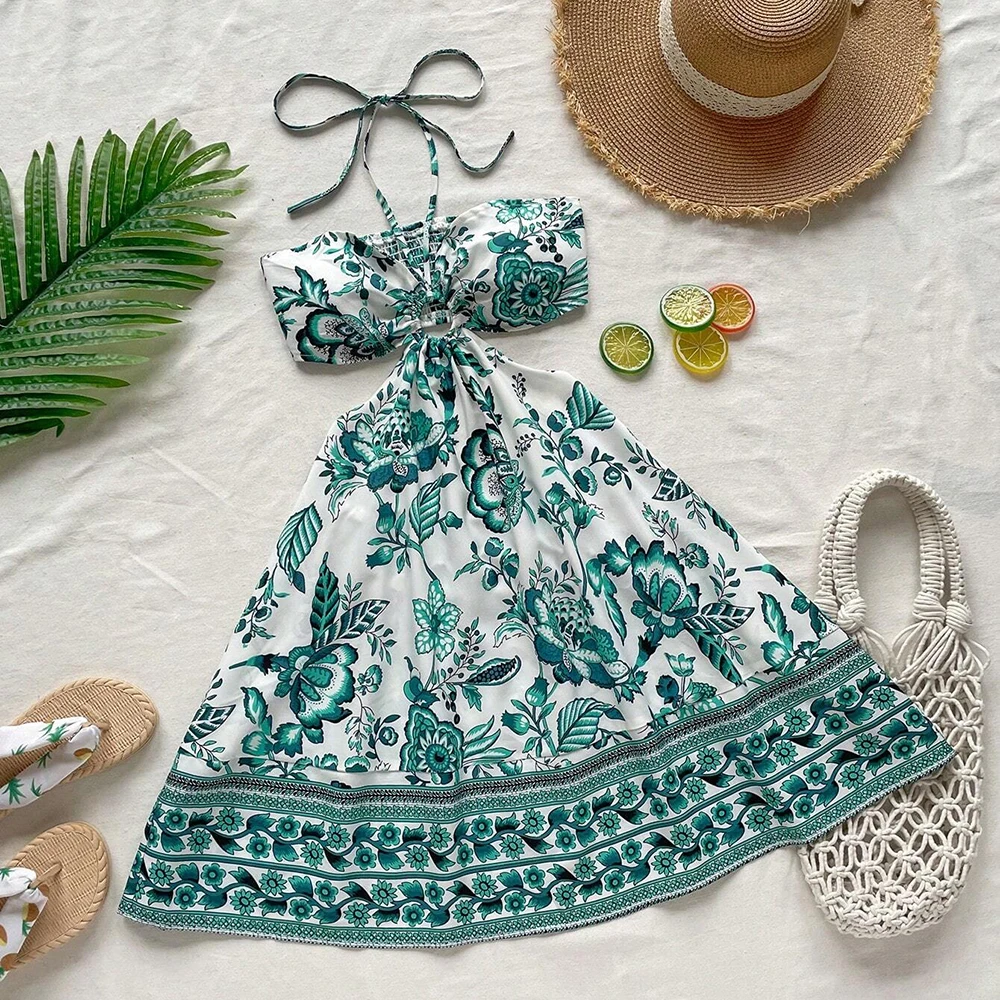 فساتين الربيع الصيف مثير لائق الأزهار أكمام الرسن الرقبة البسيطة عطلة فساتين كامي للنساء #1