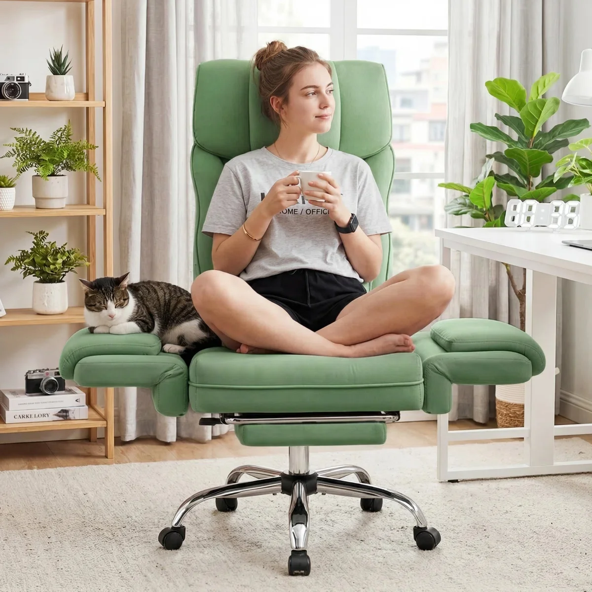 Pet friendly high back imitation leather cross legs green massage office revolving recliner home computer chair