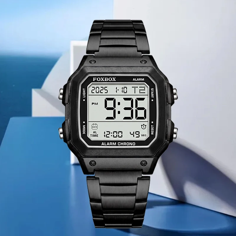 FOXBOX Square Fashion Man Electronic Watch Luxury Casual Sport Stainless Steel Band Waterproof Alarm Digital Watches Male Clocks