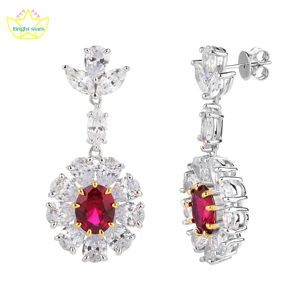 

Bright Stars S925 Sterling silver Heavy industry inset high carbon diamond zircon ruby ear hook women earrings