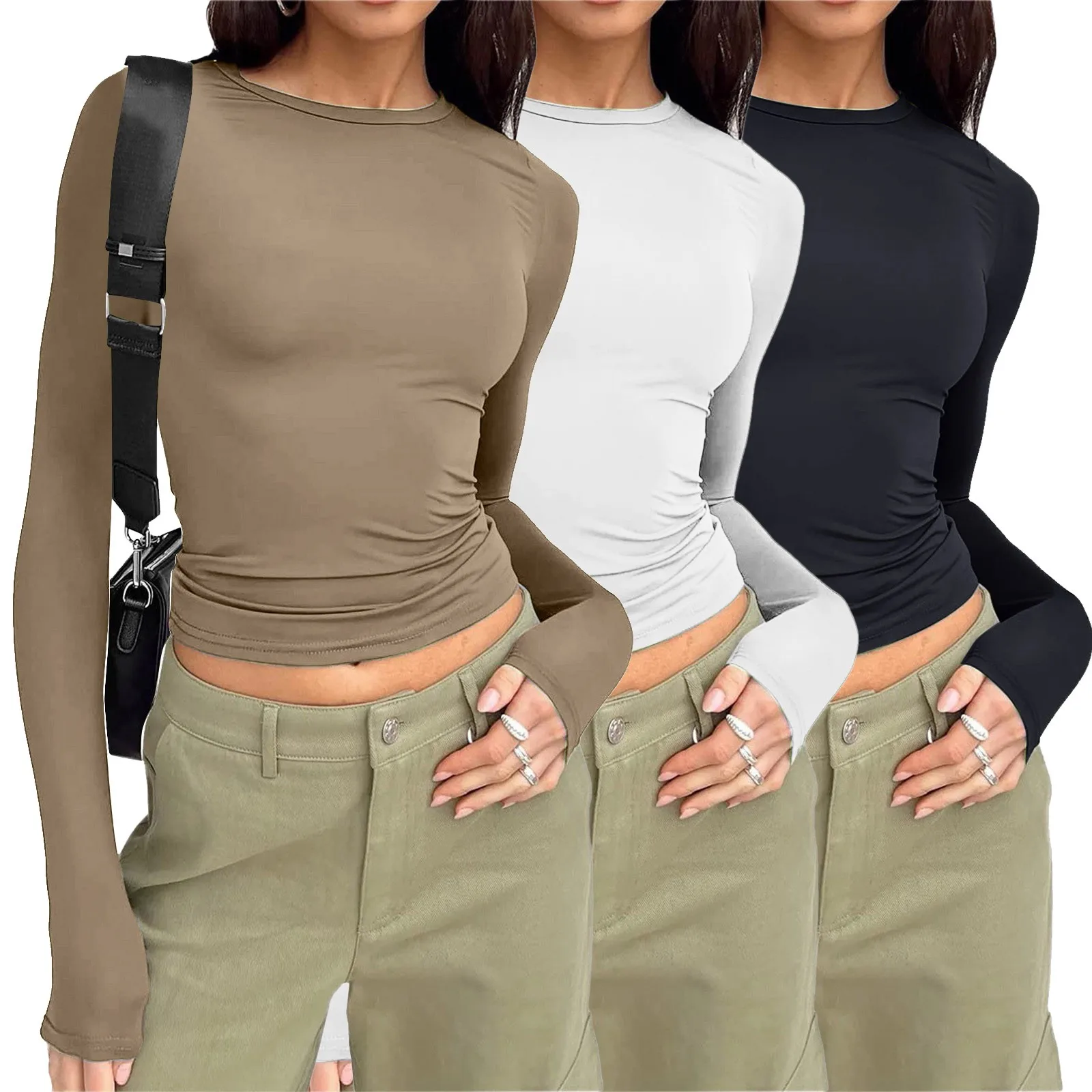 3-teiliges Damen-Set mit langen Ärmeln, Herbst-Basic-T-Shirt, kurze Version des Top-T-Shirts zum Ausgehen, Herbstmode, Unterwäsche, T-Shirt