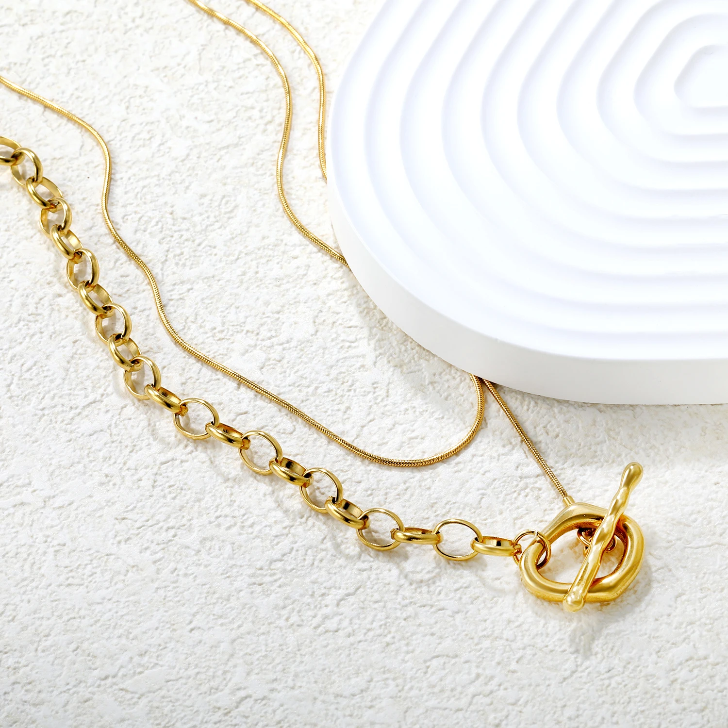 ASONSTEEL Stainless Steel Double Layered Overlay Necklace Gold Color Waterproof Fashion Sweater Round Snake Chains Jewelry Gifts