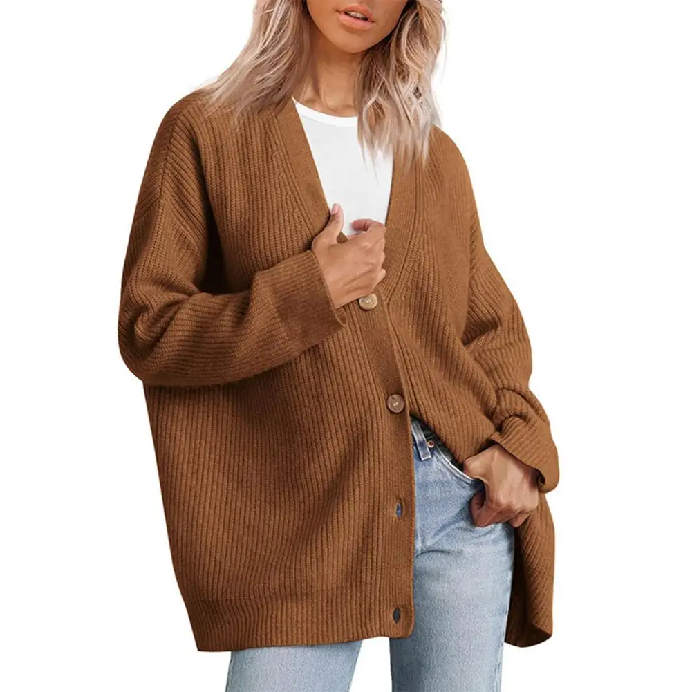 

Women's Sweater Jacket V-neck Single-breaste Solid Color cardigan Long Sleeves Loose Fit Ribbed Knitting Cardigan 한국 가을옷