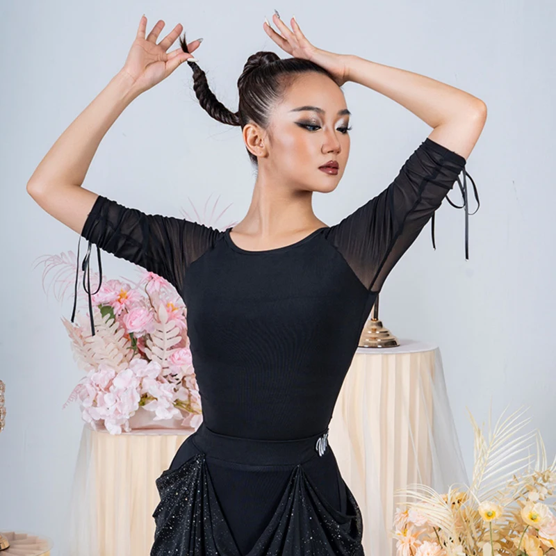 Fashion Women'S Mesh Sleeves Latin Dance Competition Tops Adults Ballroom Dance Top Female Samba Latin Dance Wear SL12696