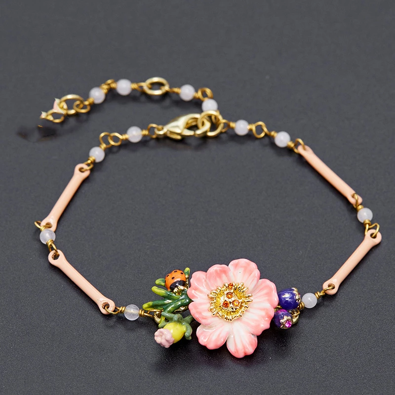 

Fresh Fashion Fairy Sweet Pink Enamel Glaze Gradient Pink Flowers Hand-painted Ladybug Charms Adjustable Bracelet Accessories