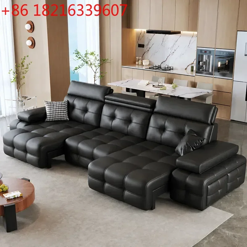 YAO Electric Leather Sofa First Layer Cowhide Black Adjustable Multifunctional Retractable Dual-purpose Straight Row Sofa Bed