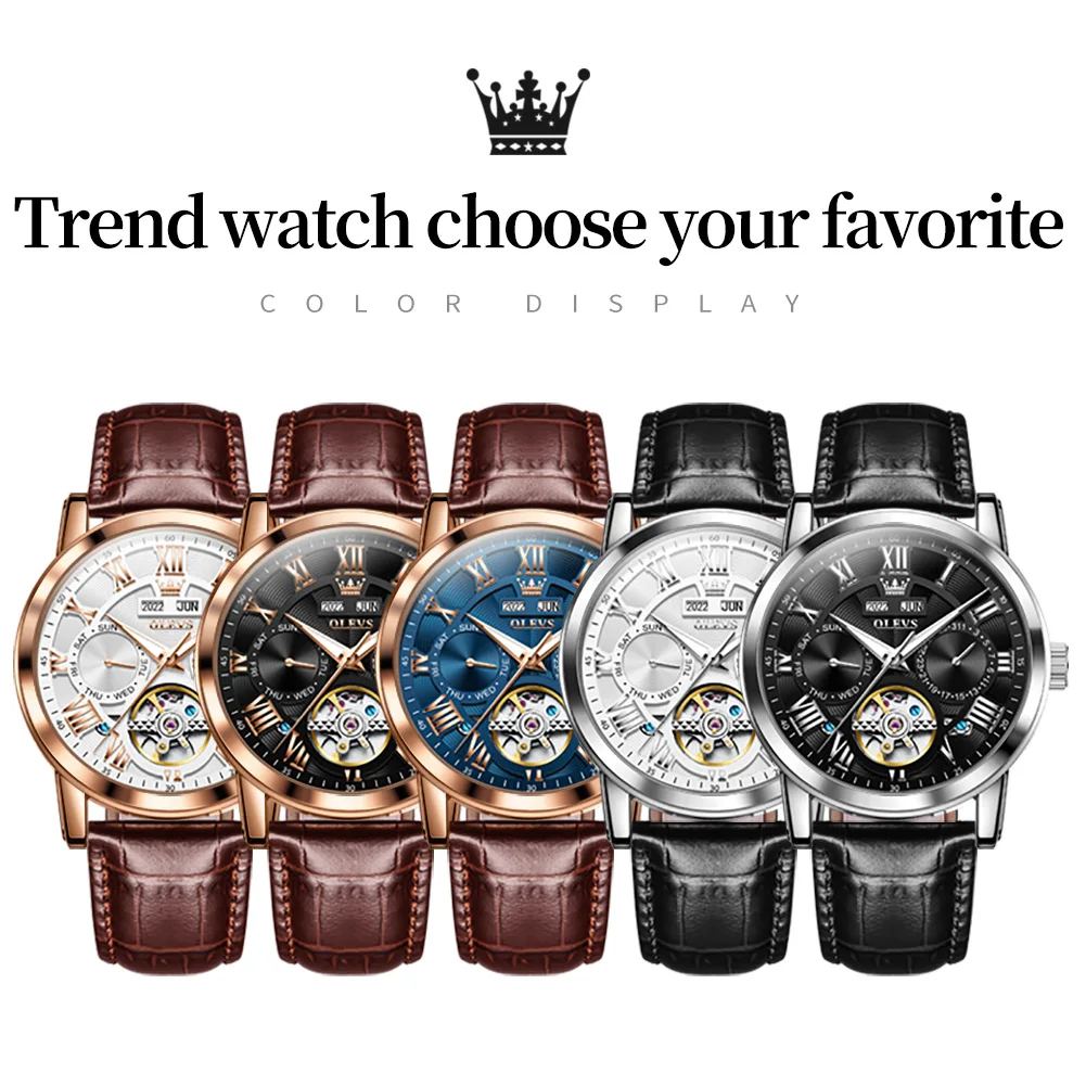 OLEVS 6668 Automatic Mechanical Watches for Men Leather Strap Skeleton Style Waterproof Man Watch Luxury Luminous Wristwatches