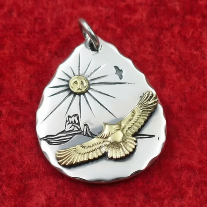 

Vintage Sun Dot Gold Inlaid Blue Turquoise Sterling Silver 925 Leaves Eagle Feather Pendant Wholesale