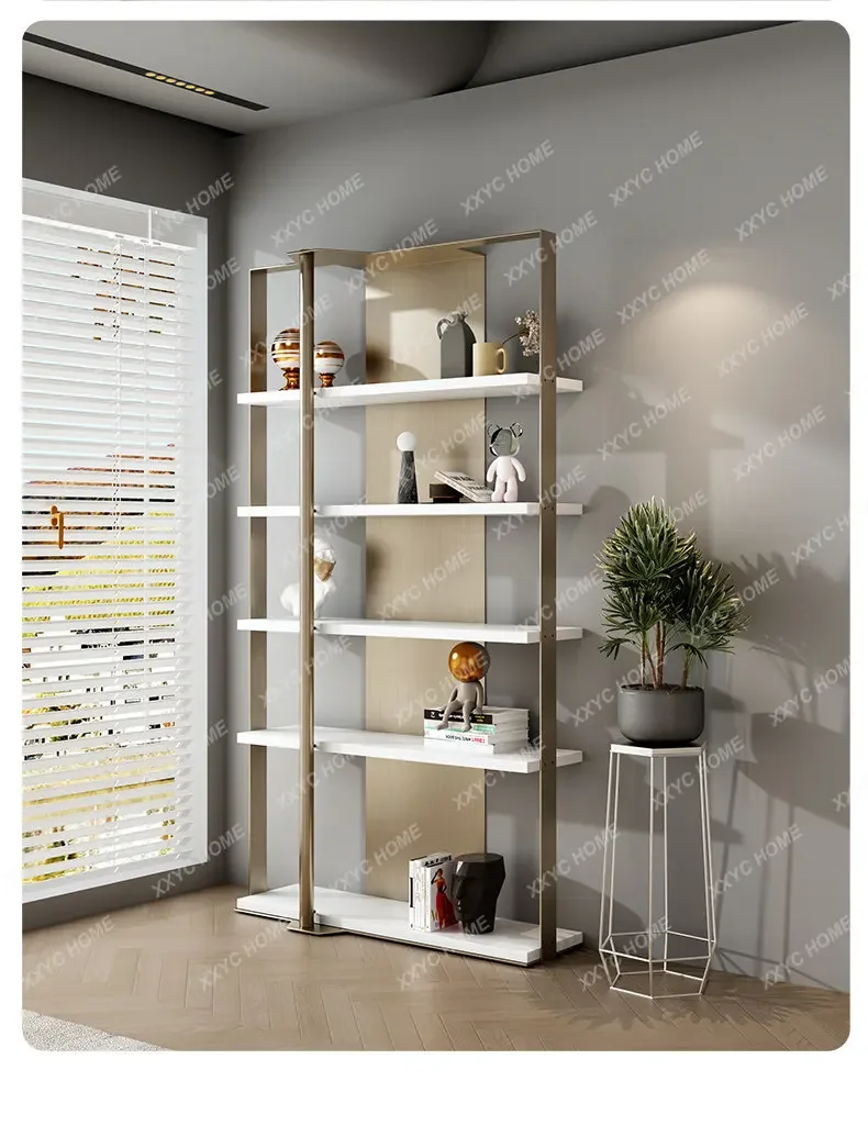 

Minimalist stainless steel bookshelf storage is set up for light luxury display shelves in the living room