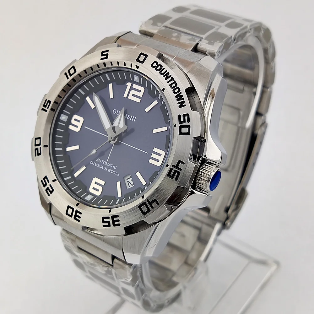 oumashi Luminous 44mm 200M Diving Watches AR Sapphire Crystal Monster Blue Dial Wristwatches Steel NH Watch 35 Mens Automatic