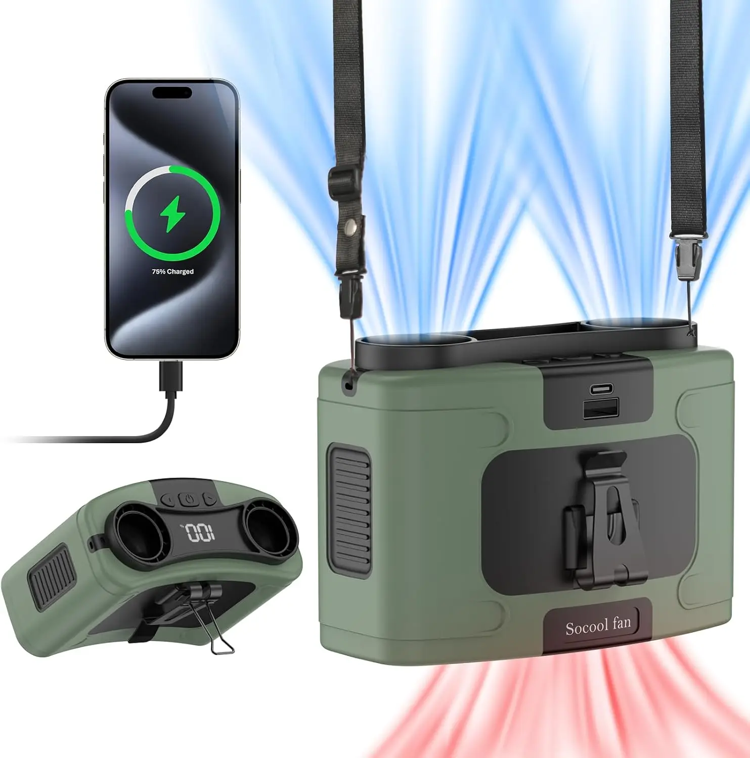 Socool-Ventilateur personnel portable à clipser, 10000mAh, batterie aste, 9 vitesses et lampe de poche