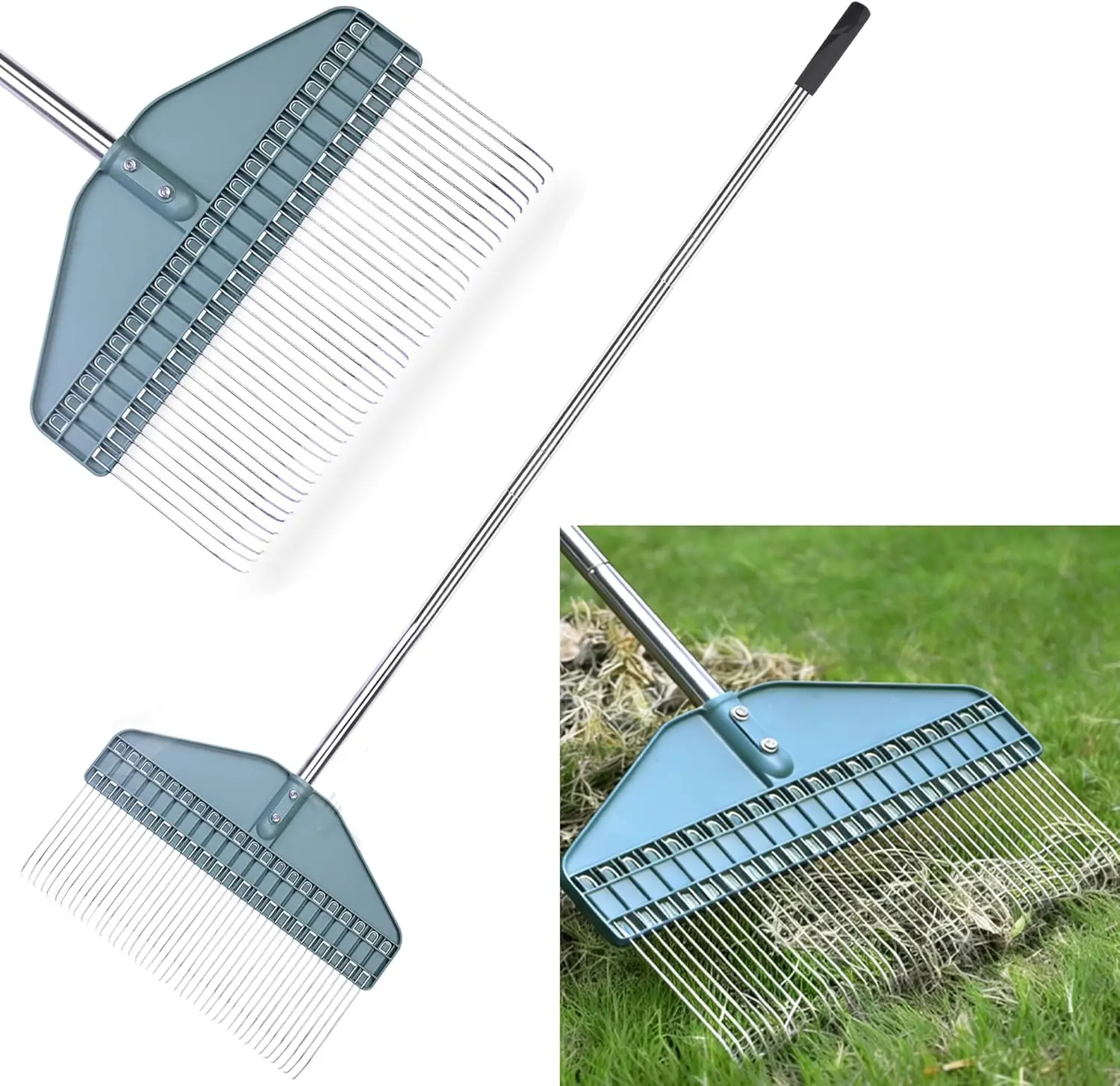 

Thatch Rake with 66 Inch Adjustable Handle, 17 Inch Wide Dethatcher Rake for Garden Lawn, Removes Thatch Pine Needles Burrs