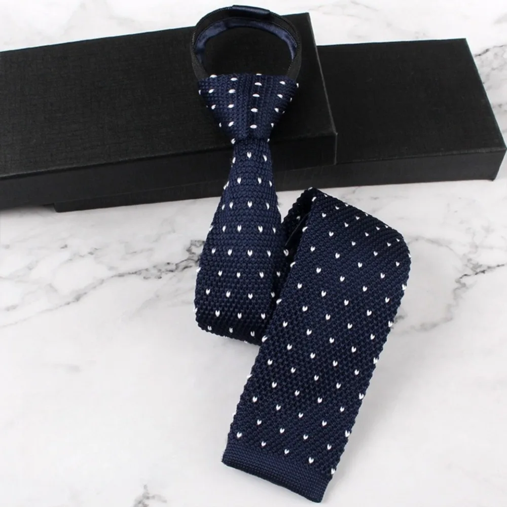 Flat Head Striped Knitted Tie Soft Business Lazy Men Knot-free Tie Thicken Adjustable Automatic Zipper Necktie Suit Accessories