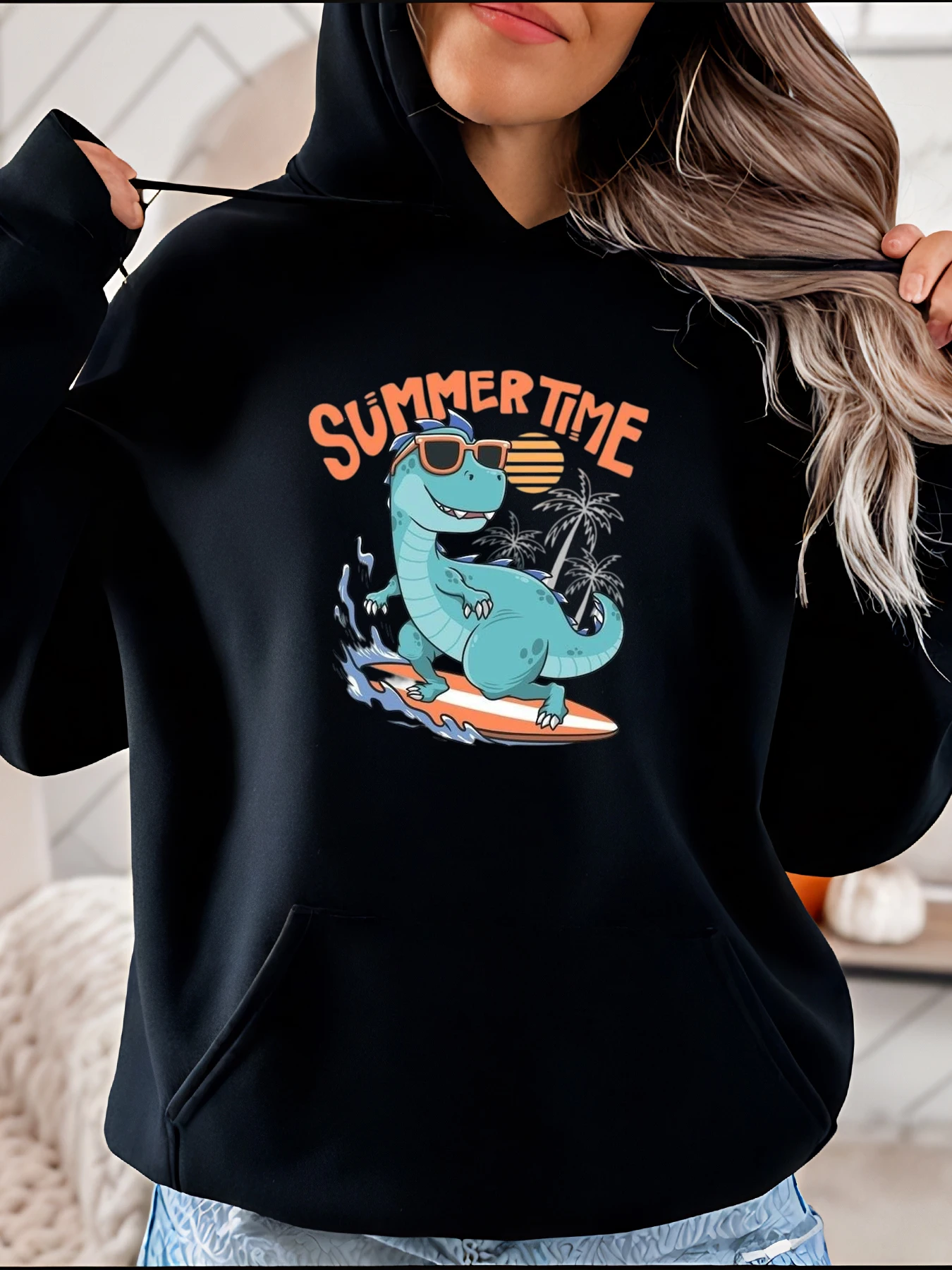 

Толстовка с принтом динозавра для серфинга в летнем стиле с пальмовым деревом и солнцем для женщин, повседневная одежда