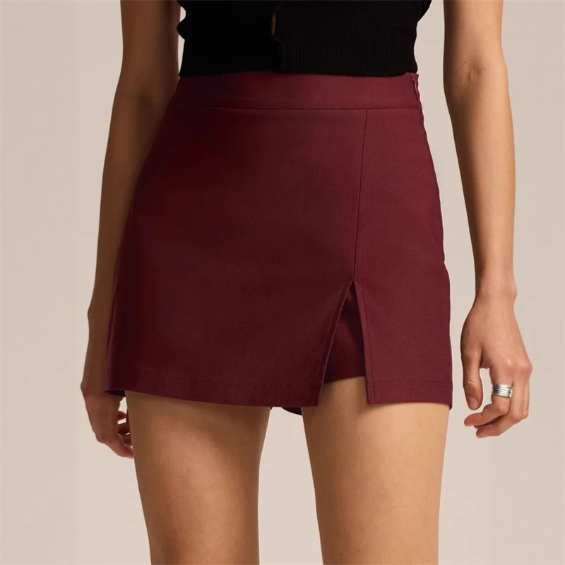 ผู้หญิงสูงเอวแยกกระโปรงกางเกงยืดซิปรายละเอียดสํานักงานสวมใส่สบายๆเก๋อินเทรนด์ผู้หญิงแฟชั่นเอวยางยืดสั้น