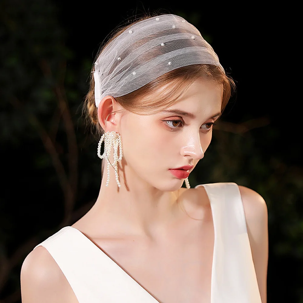 Белые свадебные головные уборы, тюлевой бант с жемчугом, украшение для вечеринки, сетчатый бант, заколки для волос, аксессуары, подарок, фата