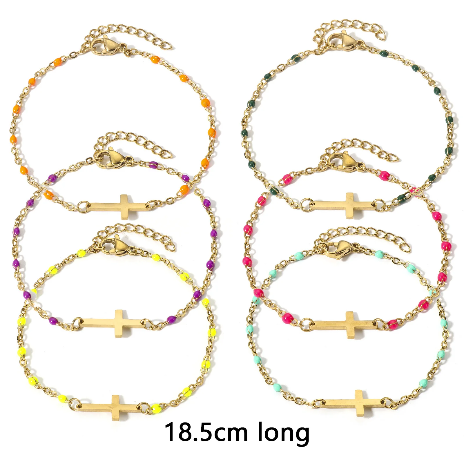 1pc 304 Stainless Steel Link Cable Chain Bracelets 18K Gold Plated Cross With Lobster Claw Clasp And Extender Chain 18.5cm long