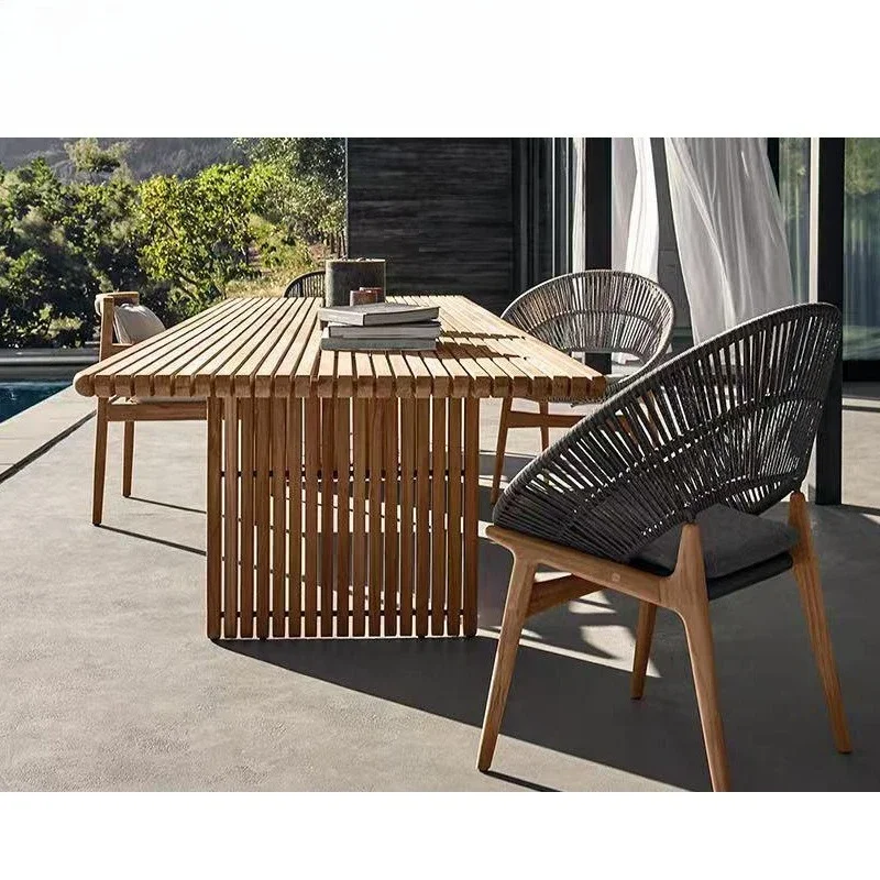 OBMHotel outdoor teak dining table and chair combination, teak frame dining chair, resort hotel open-air restaurant furniture