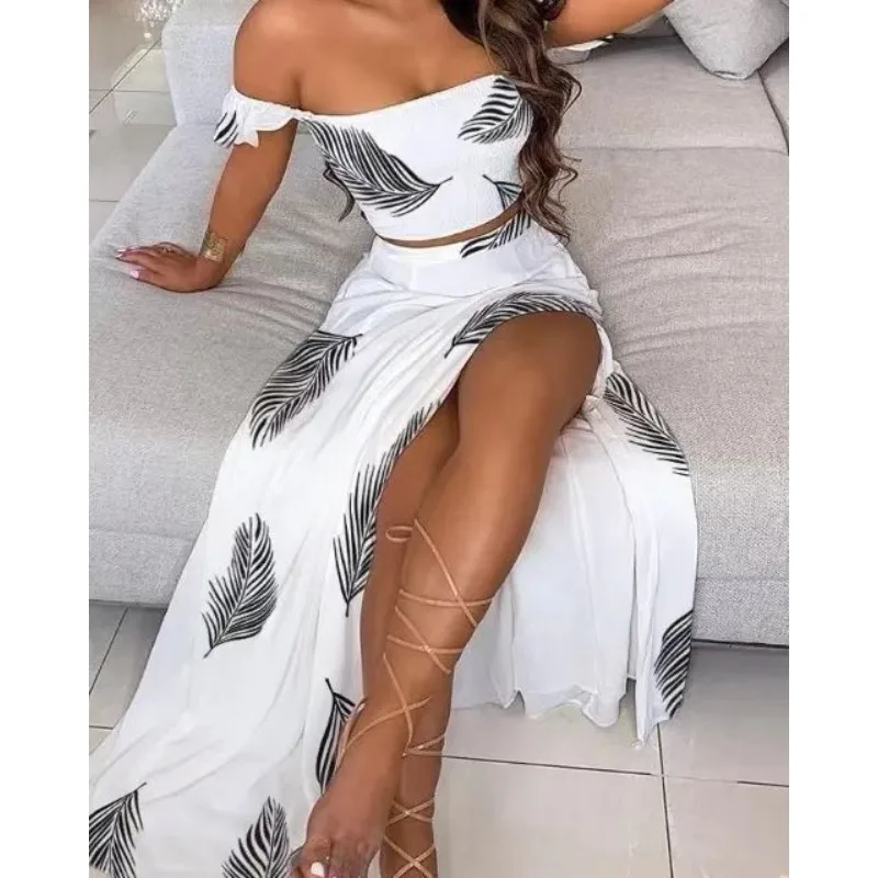 2024 Summer New Women\'s Clothing Fashion Sexy Digital Floral-Print off-Shoulder Split Dress Two-Piece Set