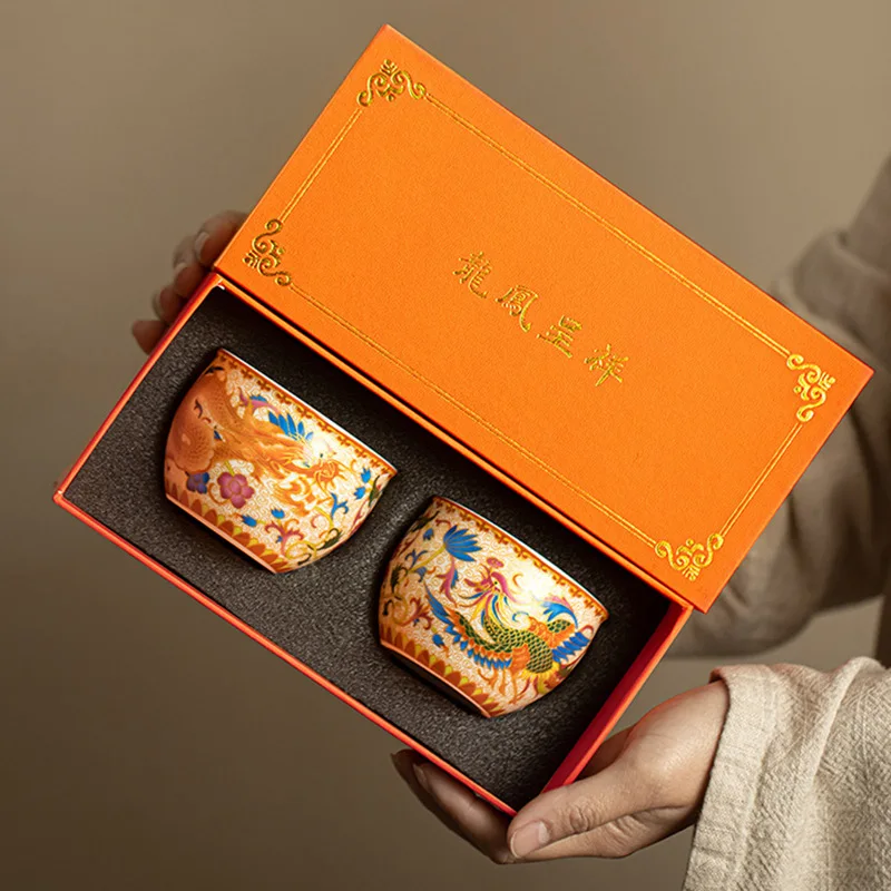 

Enamel Color Gold Thread Dragon and Phoenix Pair Cup Tea Cup Gift Box Dragon and Phoenix Presenting Auspiciousness Master Cup