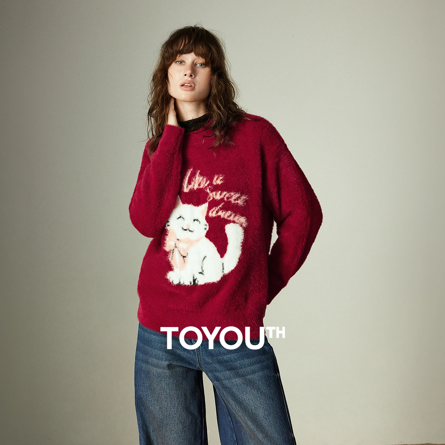 

TOYOUTH Women Sweaters 2025 Winter New Chinese New Year Red Faux Fur Soft Crew Neck Loose Cat Jacquard Knitted Tops