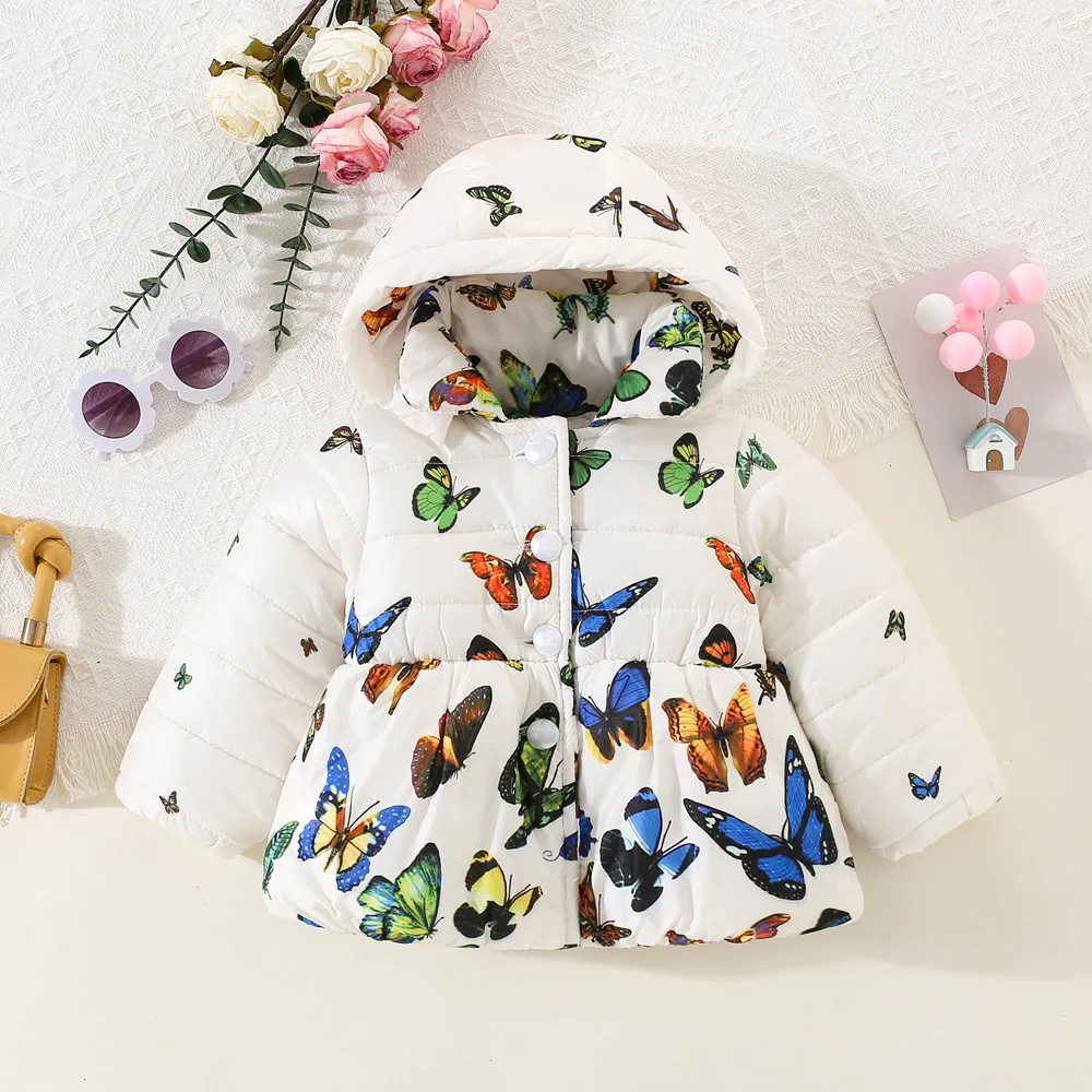 Girls' Winter Cotton Jacket Thickened Warm Jacket Butterfly Printed Baby Winter Clothing, Hooded Baby'S Thick Jacket 0-3 Years