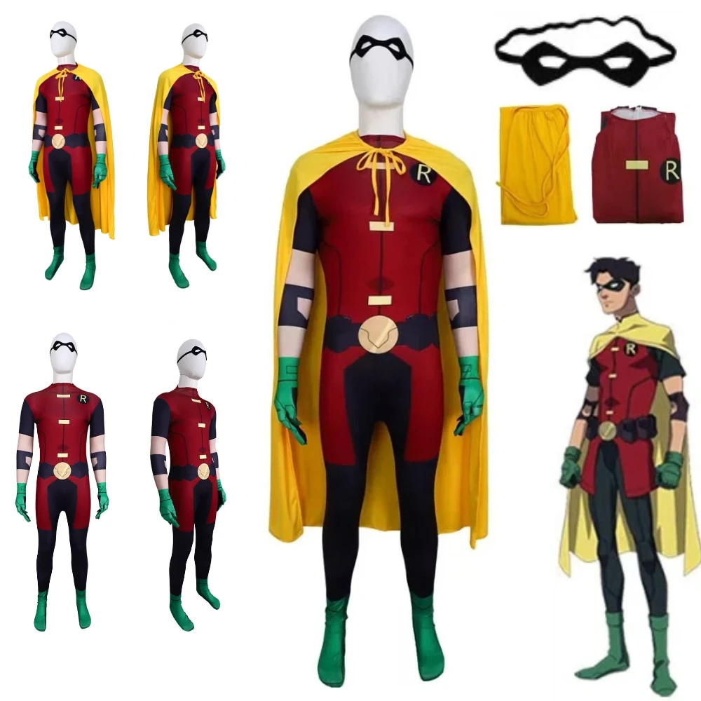 

Halloween Role Play Bodysuit Outfit Teen Titans Robin Cosplay Costume Yellow Cloak Glasses Decoration Judas Contract Jumpsuit