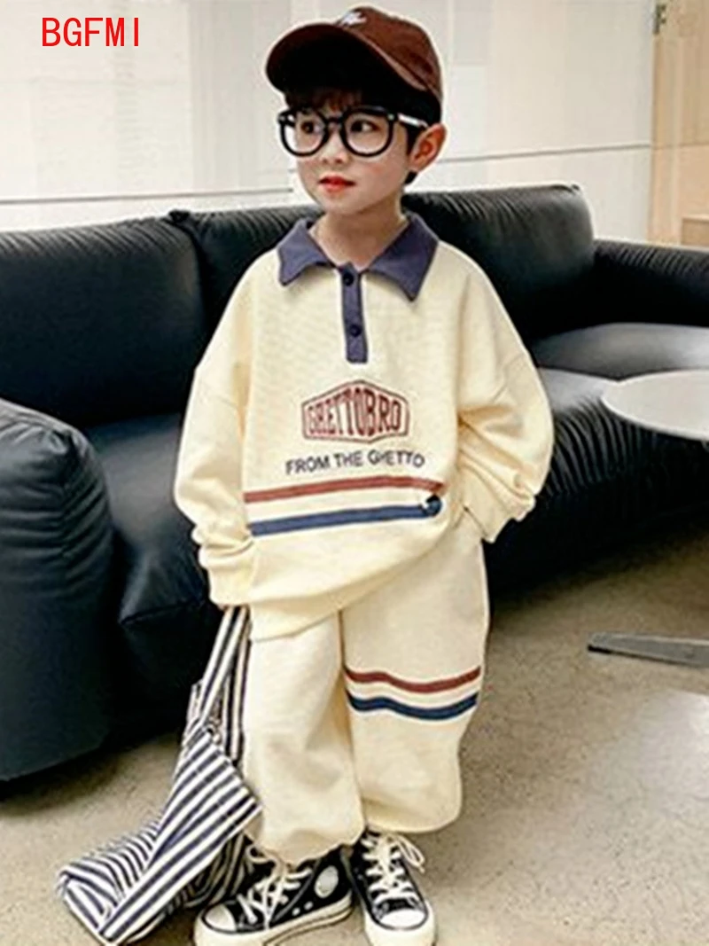 1-8Y Korean Kid Clothes Baby Boy Spring Autumn Suit Waffle Letter Print Baby Girls Outfits Lapel Cotton Sweater + Pants 2pcs Set