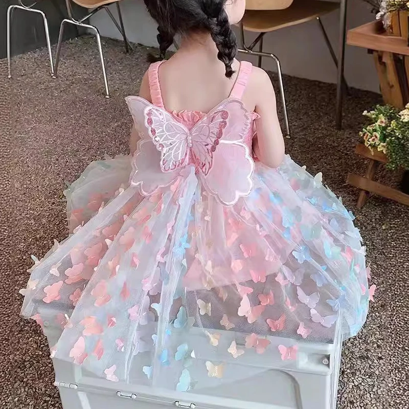 2025 Summer Baby Girls Dresses with Cute Butterfly Kids Clothing Pink Strapless Lace Dress Elastic Straps Casual Vacation Outfit