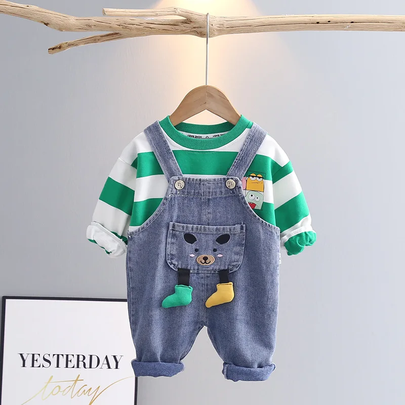 Baby Boy Designer Clothes Christmas Outfits for Kids Cartoon Striped Long Sleeved T-shirts Tops + Denim Overalls Boys Tracksuits