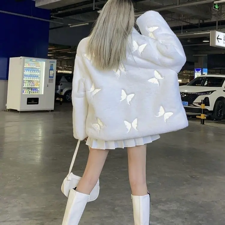 

winter plush reflective butterfly fur coat hip-hop leisure loose coat more female ins coat y2k clothes jackets for women 2023