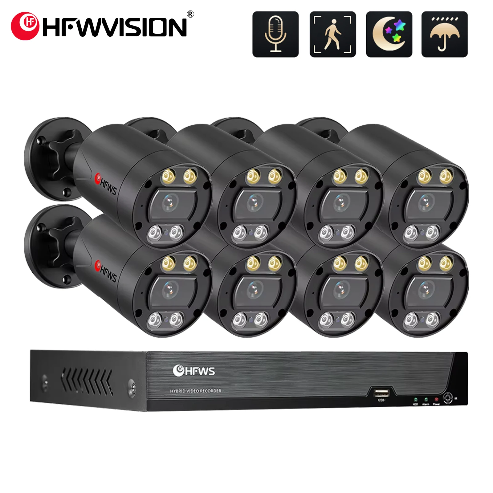 Hfwvision NVR 비디오 오디오 레코드, ONVIF CCTV IP 보안 감시 카메라 시스템 키트, 야외 집 방수, 4K, 8MP, 8ch 