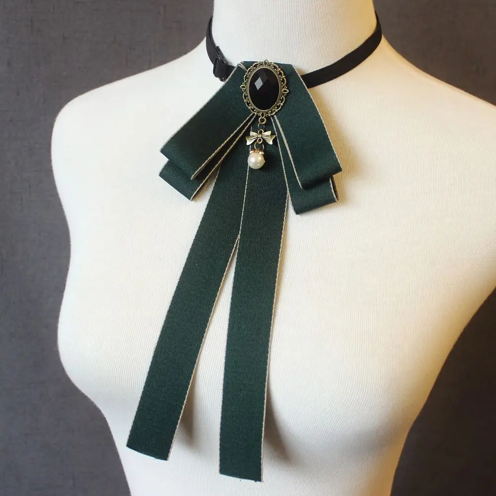 Chic Girls Pearl Ribbon Costume Diamod Brooch Cravat Bow Tie Collar Pin
