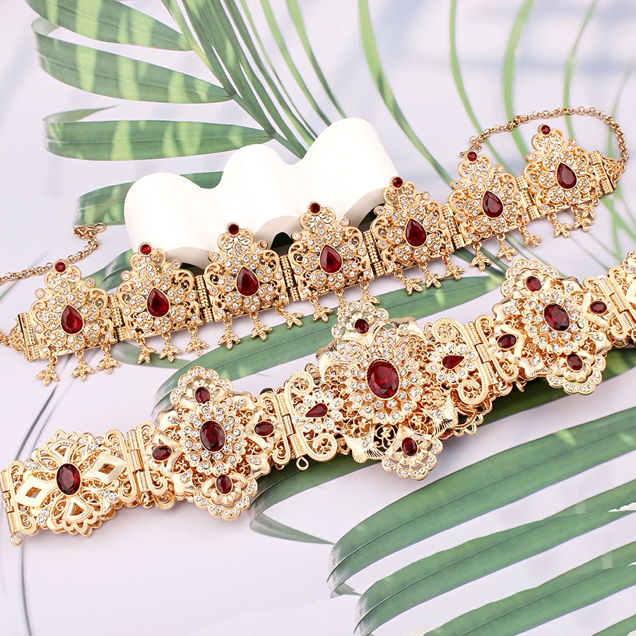 Traditionele Marokkaanse Jurk Riem Gold Plating Groen Rood Rhinestone Taille Kettingen Voor Vrouwen Caftan Bruids Sieraden Riemen