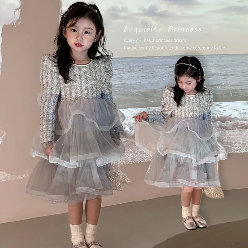 

Girls Cake Dress Fashion Children Autumn Clothes Kids Gray Princess Round Neck Fluffy Dresses For Child Birthday Party