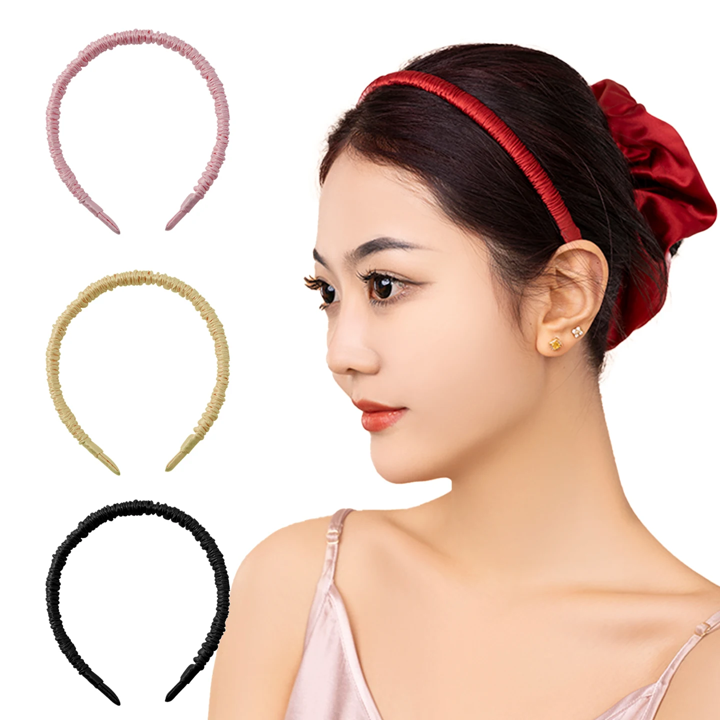 

100% Silk Hair Hoop 1cm Headband For Women Girl 30 Momme Mulberry Silk Bands Clip Hairband Elastic Headwear Hair Accessories