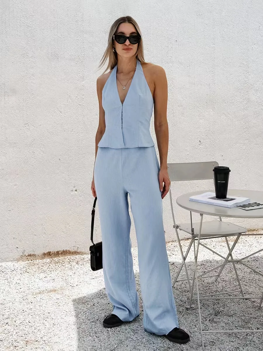 

Сексуальный висящий жилет с высокой талией, комплект брюк, хлопковые длинные брюки, костюм из двух предметов для молодых женщин, весенний ансамбль Faion