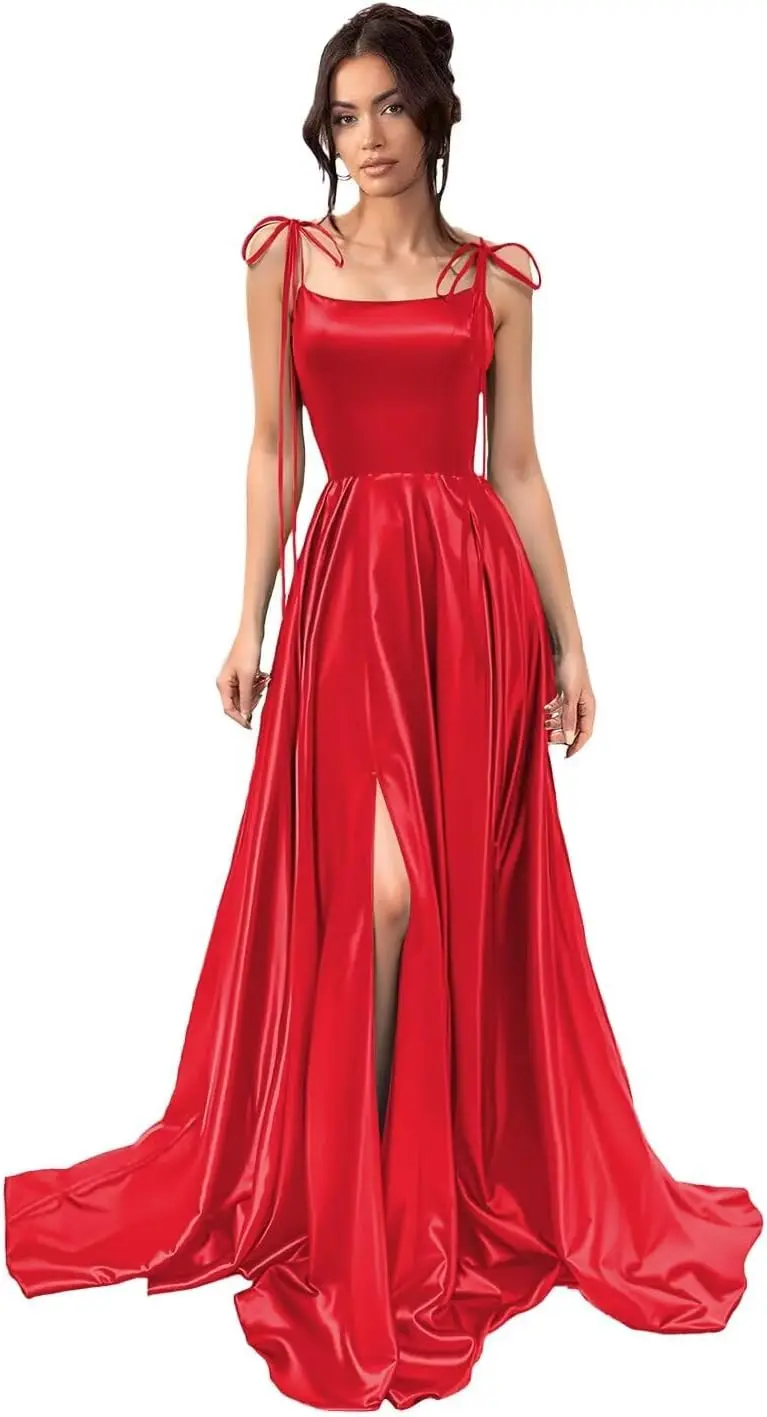 

Тонкие бретельки с открытой спиной Женские атласные платья подружки невесты с разрезом Длинные атласные вечерние платья трапециевидной формы с карманами