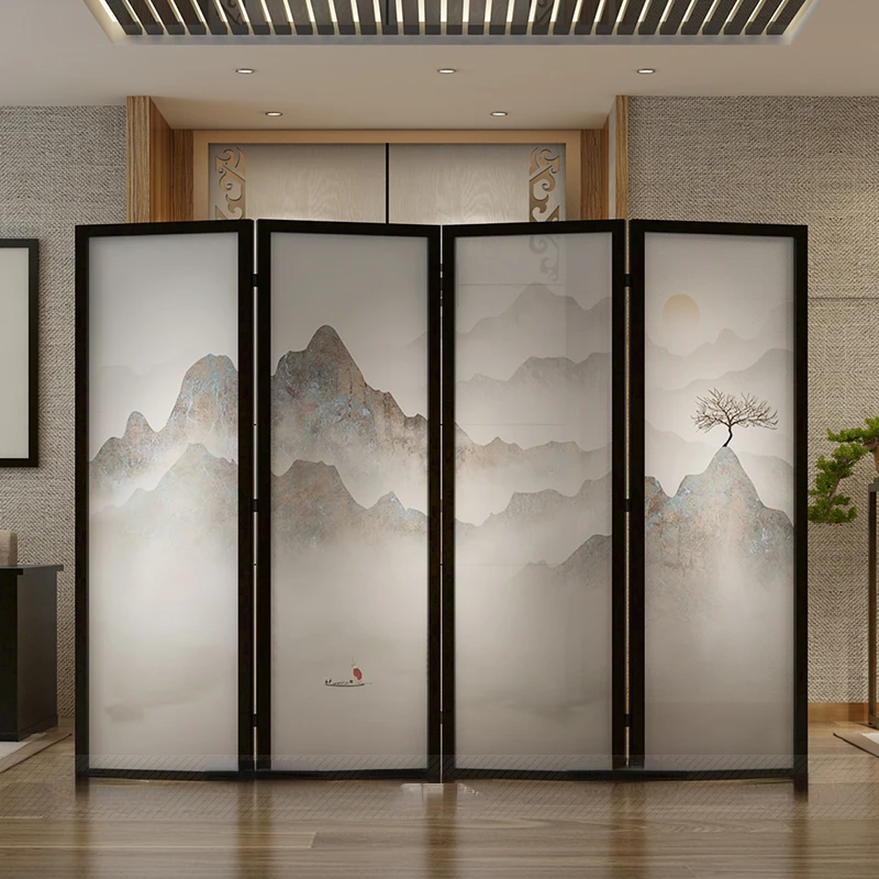 new Chinese landscape screen entrance partition living room high-end hotel simple solid wood folding mobile folding screen