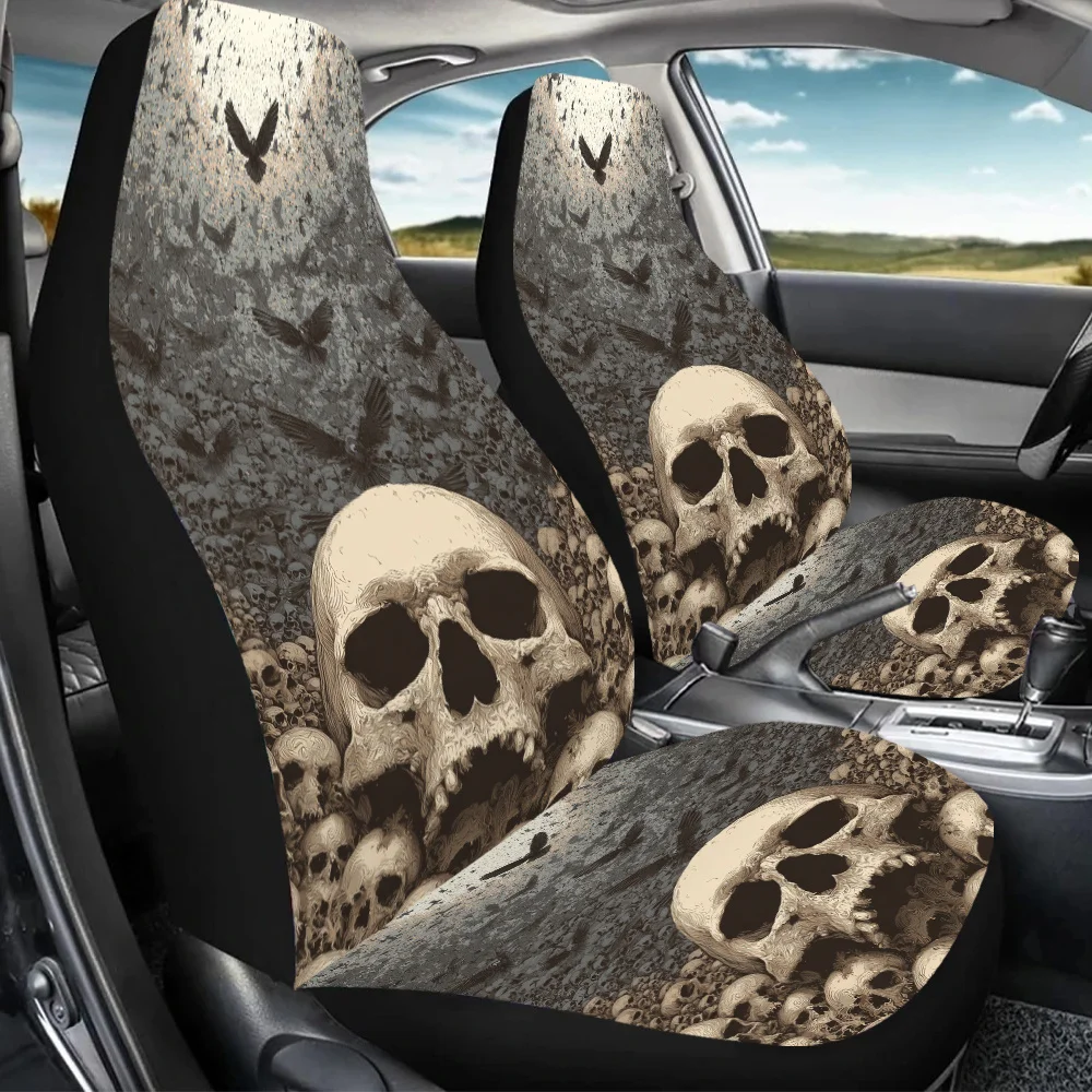 2pcs Skull Field Eclipse Car Seat Covers - Gothic Skull & Bone Print Design, Fit For Cars, SUVs, Sedans - Durable Fabric With Sp