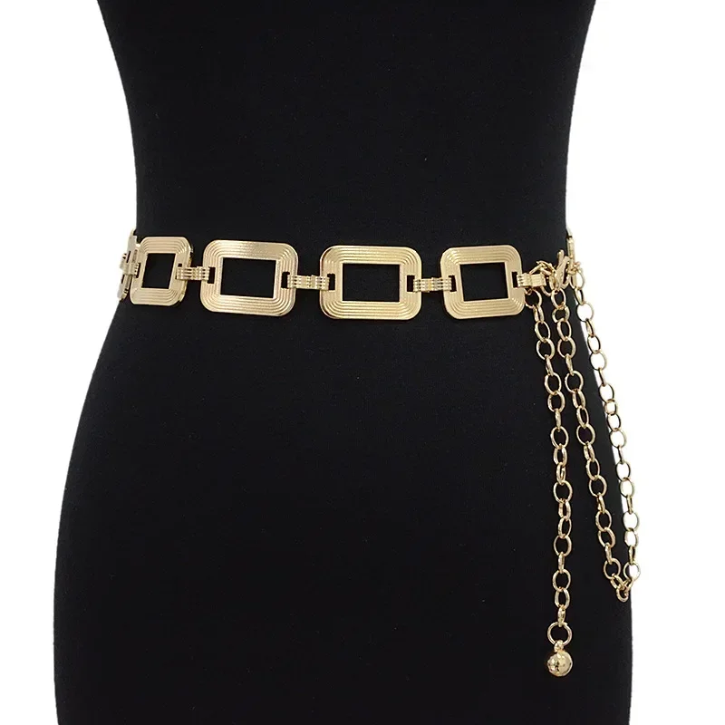 2024 Fashion Lady Gold Square Buckle Metal Waist Chain Dress Coat Sweater Suit Decoration Belts for Women Luxury Designer Brand