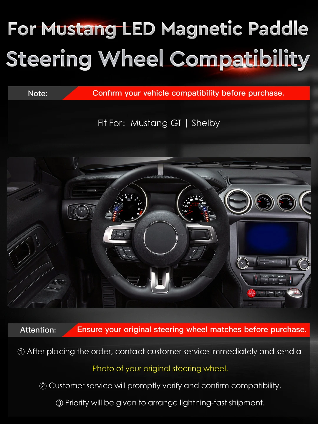 MC Fif For Mustang GT（2015-2023) Shelby LED Carbon Fiber Steering Wheel Magnetic Paddle Shifters Extension New Shift Paddles