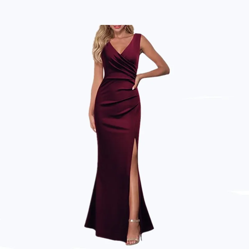 

Long Dresses for Women Sexy V Neck Fashion Solid Color Slim Slit Dress Women