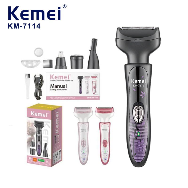 

Kemei KM7114 Electric Body/Ear/Eyebrows/Nose Hair Trimmer 4In1 Razor Epilator Rechargeable Hair Removal for Women Leg Face Clean