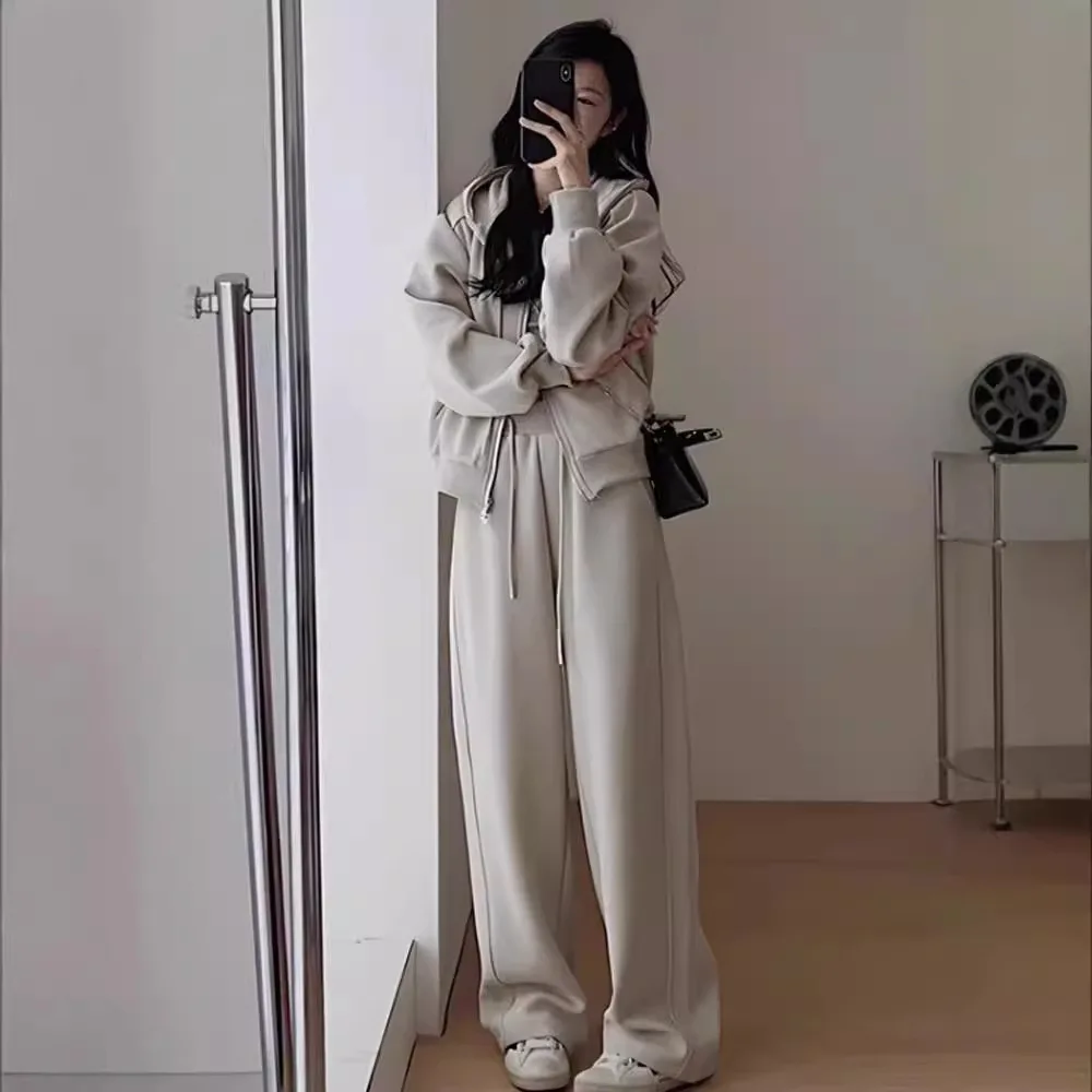 Autumn and Winter Casual Hoodie Sportswear Women's Suit Fashionable Slimming and Age Reducing Wide Leg Pants Hooded Running Two