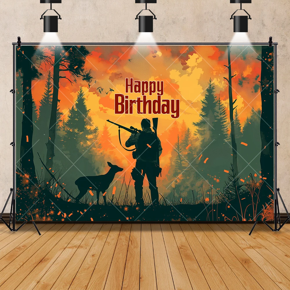 Happy Birthday Backdrop Gone Hunting Autumn Forest Hunter Hunting Custom Background Camouflage Boy Birthday Party Supplies