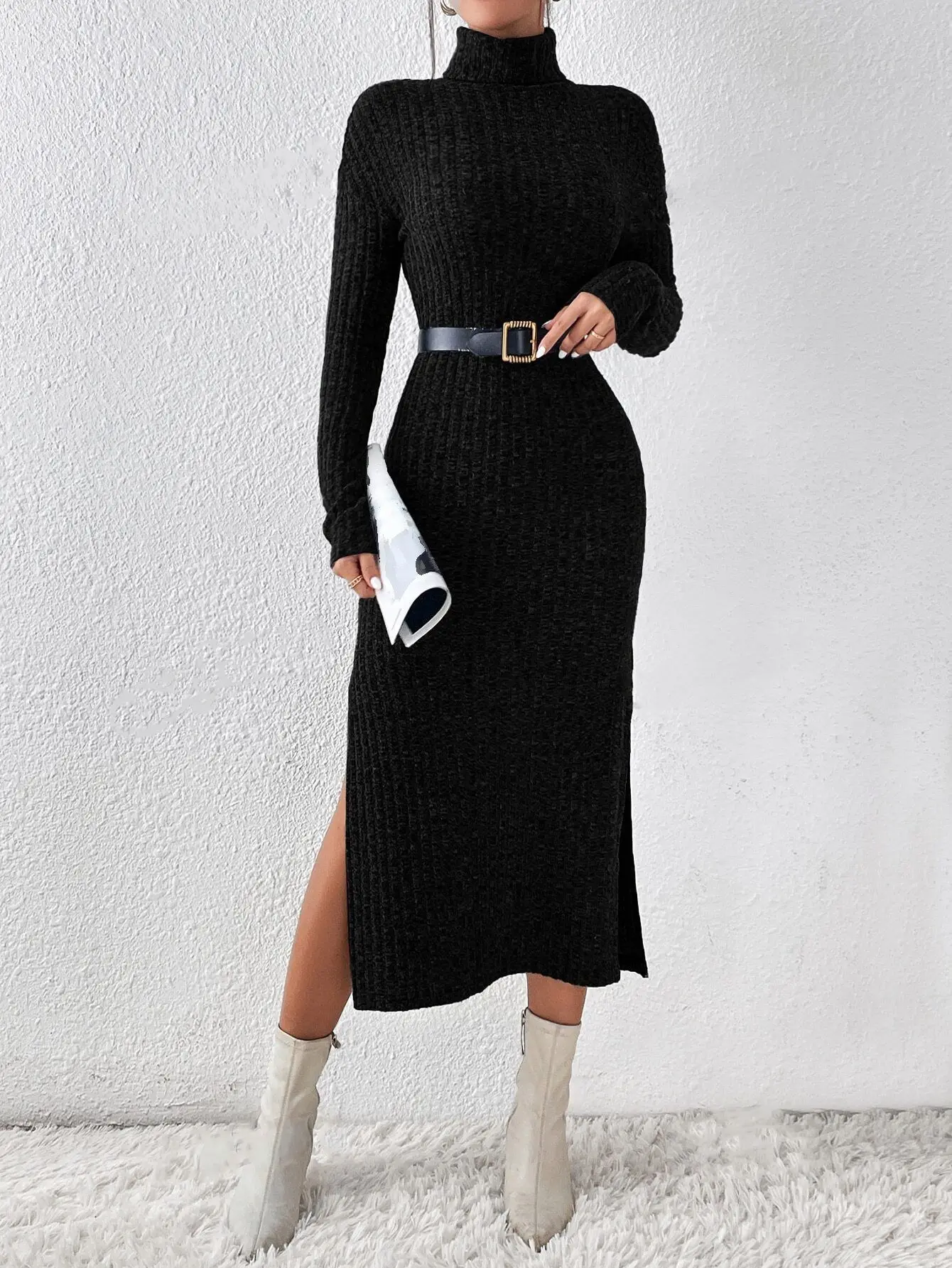 

Knee Length Pullover Fashion Sweaters Jumpers Women Charming Thermal Stage Adult Streetwear Semi-Turtleneck Collar Bling Vintage